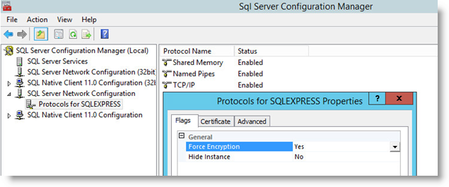 Sql Server Configuration Manager window with Protocols for SQLEXPRESS selected in expanded SQL Server Network Configuration node and Force Encryption option set to Yes on the Flags tab in its Properties